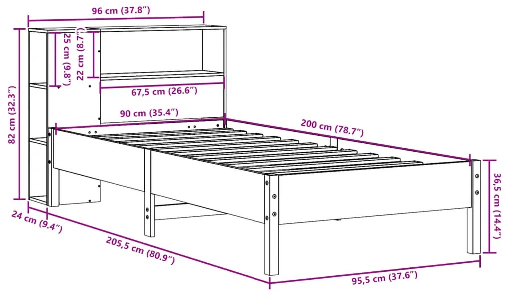 Cama com estante sem colchão 90x200cm pinho maciço castanho-mel