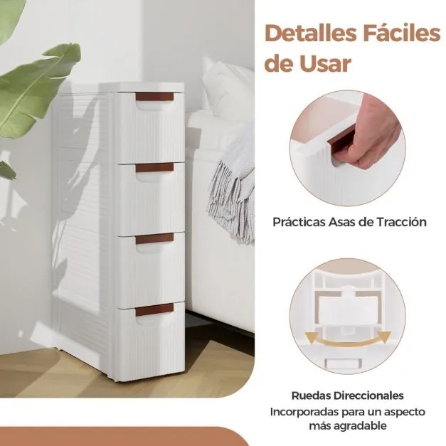 Armário de arrumação estreito de 4 gavetas para espaços pequenos com rodas Contentor de arrumação em plástico para casa de banho, escritório, sala de