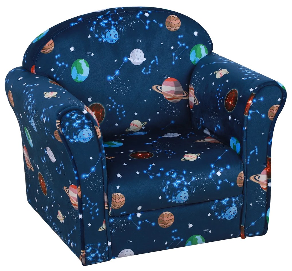 HOMCOM Poltrona para Crianças acima de 3 Anos com Desenhos de Planetas Estrutura de Madeira e Estofado em Flanela 50x39x44 cm Azul
