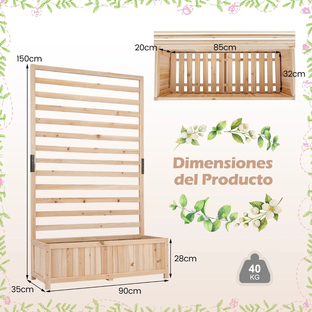 Floreira jardim de madeira com treliça vertical 90 x 34 x 150 cm, forro e drenagem para plantas trepadeiras Natural