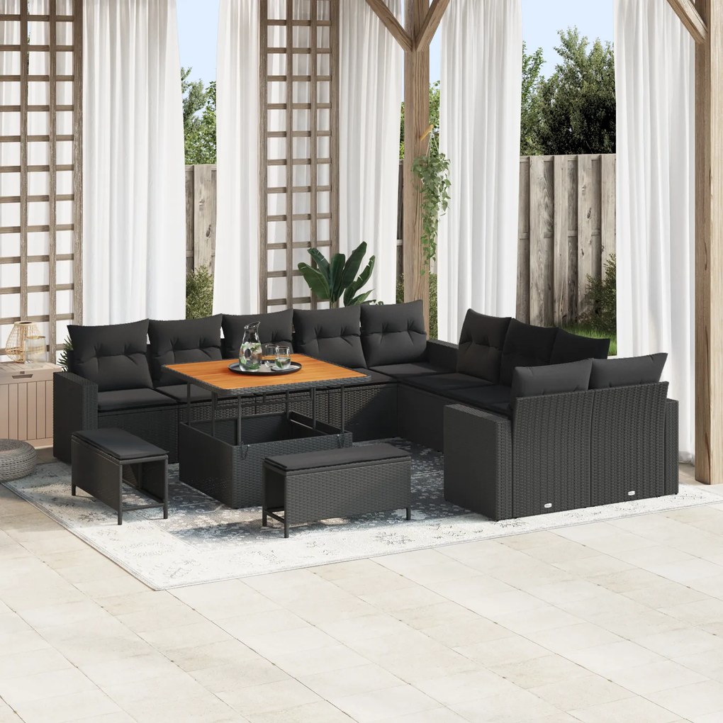 Conjunto de Sofá de Jardim vidaXL de 13 Peças com Almofadas Preto de V