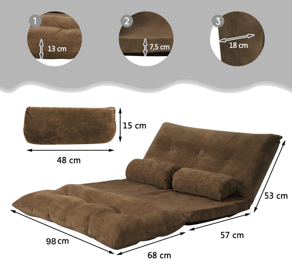 Sofá chão Sofá-cama multifuncional ajustável em 6 posições com 2 almofadas Forro em camurça para quarto, sala, varanda Cafe