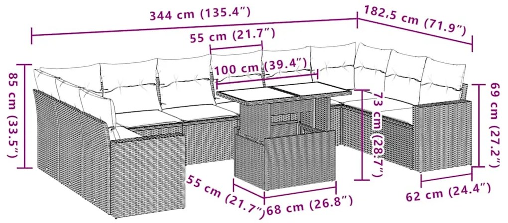 11 pcs conjunto sofás de jardim c/ almofadões vime PE preto