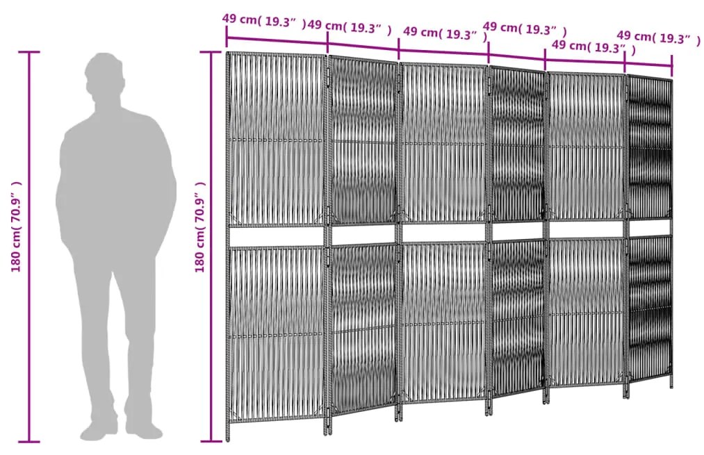 Biombo de divisão 6 painéis vime PE preto
