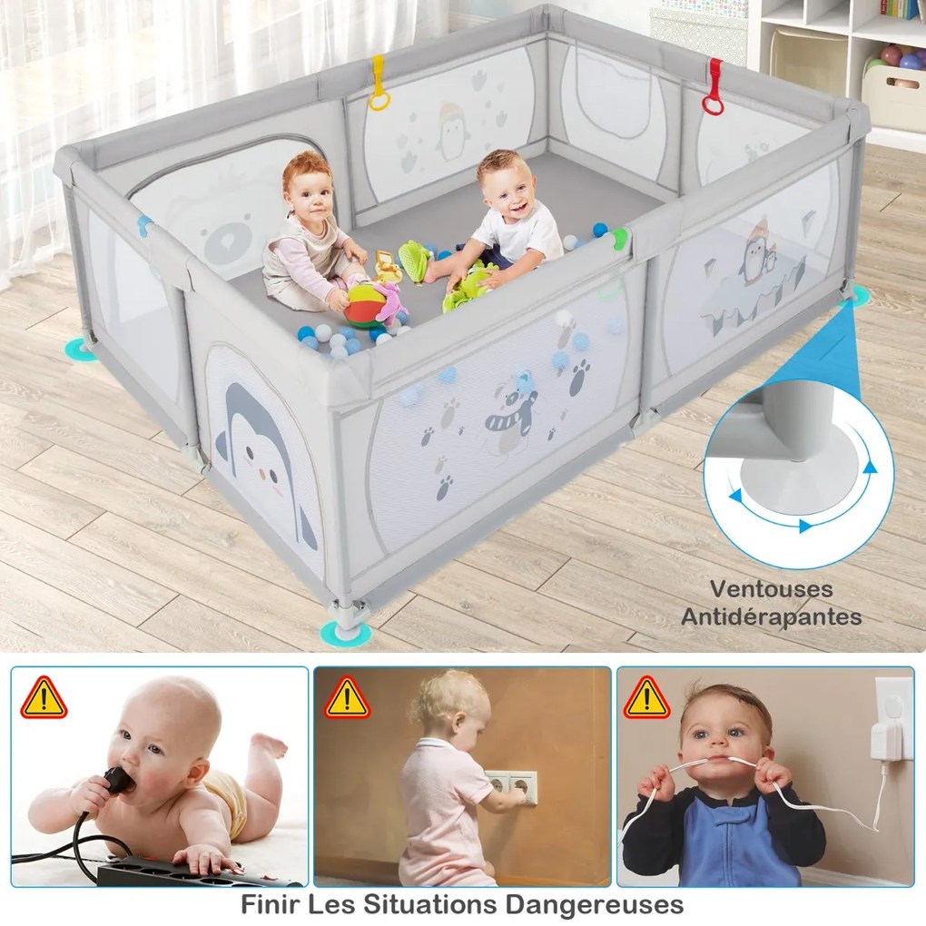 Cercadinho para bebês com 50 bolas, 2 portas, rede respirável e zíper, cinza-peixe