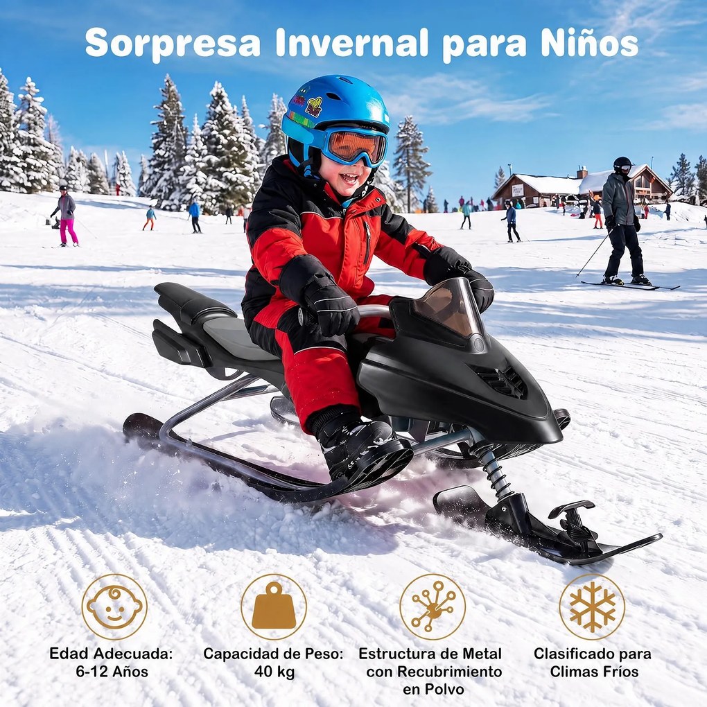 Trenó Infantil de Neve, 136 x 48 x 39 cm, Com Guiador Direcional, Preto