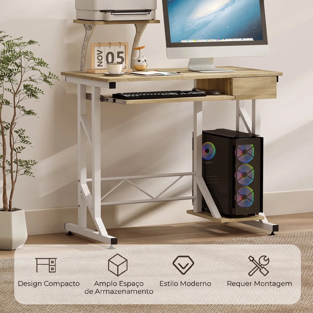 Secretária para Computador com Bandeja para Teclado e Gaveta Mesa de Estudo para Escritório 90x50x100 cm cor Carvalho