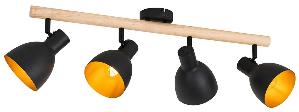 Candeeiro de teto rústico preto com madeira 4 luzes - Flint