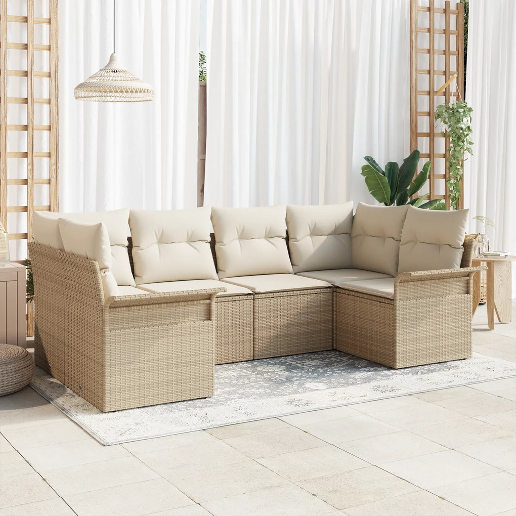 Conjunto de Sofá de Jardim vidaXL 6 Peças com Almofadas Bege Rattan Poliéster