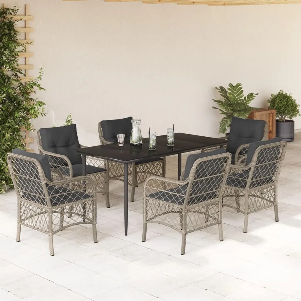 7 pcs conj. jantar p/ jardim c/ almofadões vime PE cinza-claro