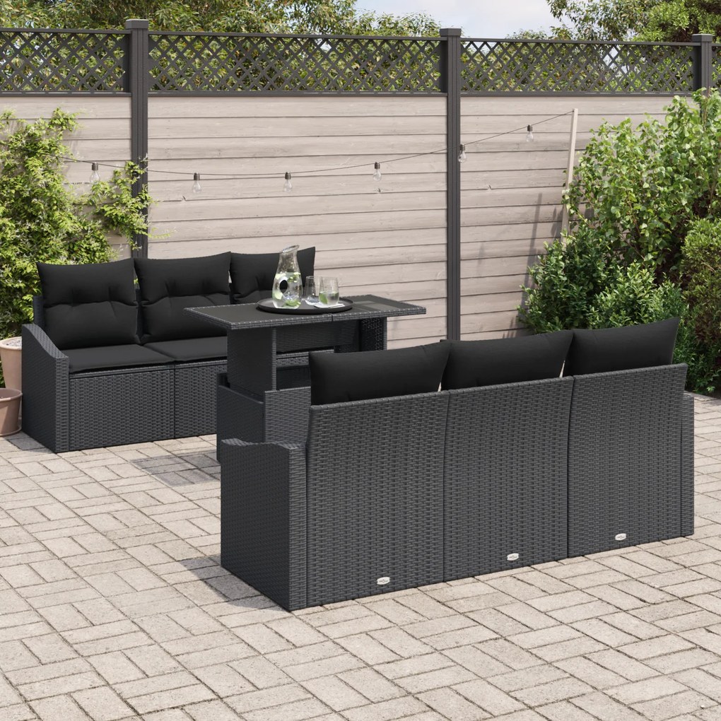 Conjunto de Sofá de Jardim de 7 Peças com Almofadas Preto em Rattan