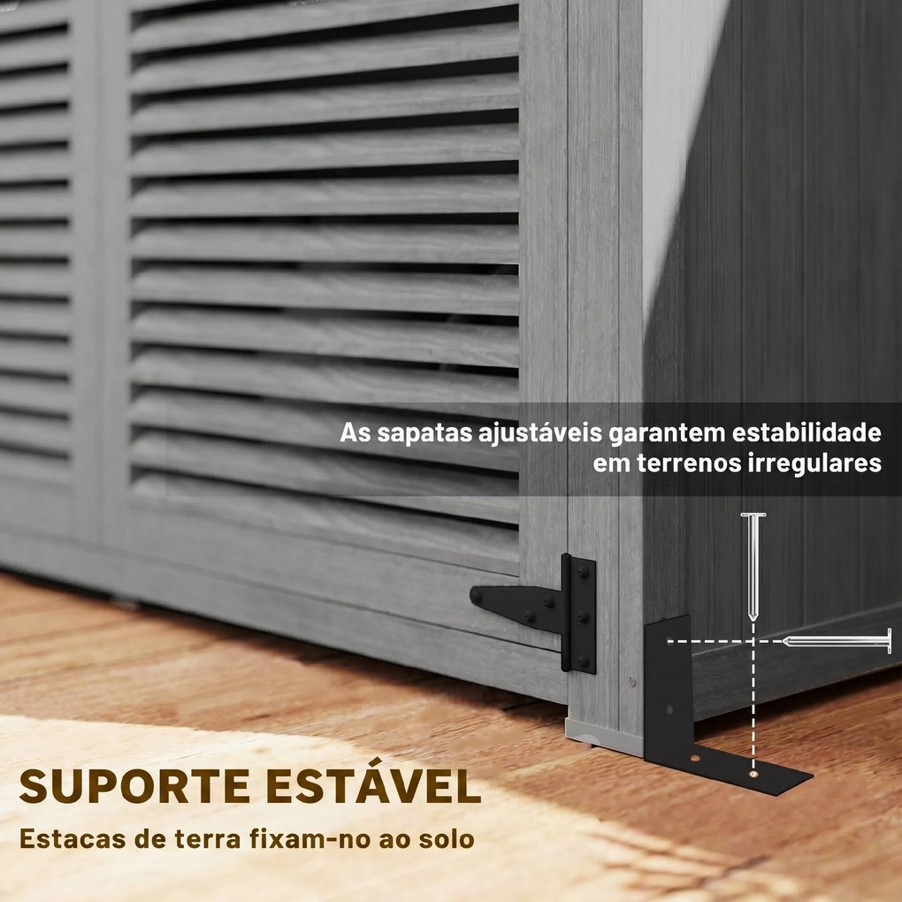 Armário de Jardim 0,83 m² 127x65x168 cm com 2 Portas de Persiana 2 Estantes e Telhado Impermeável Cinza