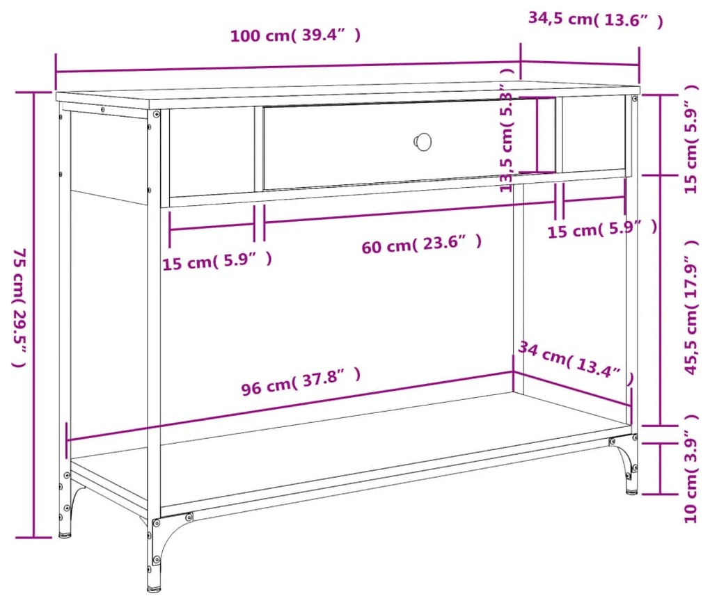 Mesa consola 100x34,5x75cm derivados de madeira cinzento sonoma