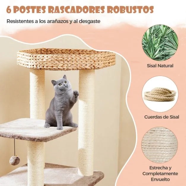 Árvore para gatos 4 camadas 131 CM  com postes de arranhar de sisal Poleiro Caverna, Bola Almofadas suspensas Castanho