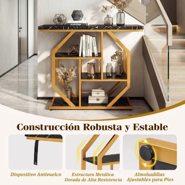 Mesa Consola Moderna 4 Níveis 100 x 29,5 x 80 cm Estrutura Metálica com Prateleiras e Superfície imitação Mármore Preto e Dourado