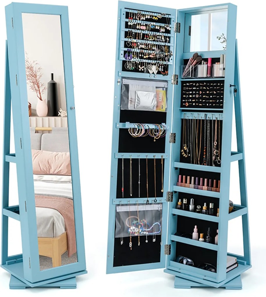 Espelho giratório 360° para joias com espelho de corpo inteiro Organizador de joias com espelho para maquilhagem 39 x 39 x 161 cm Azul