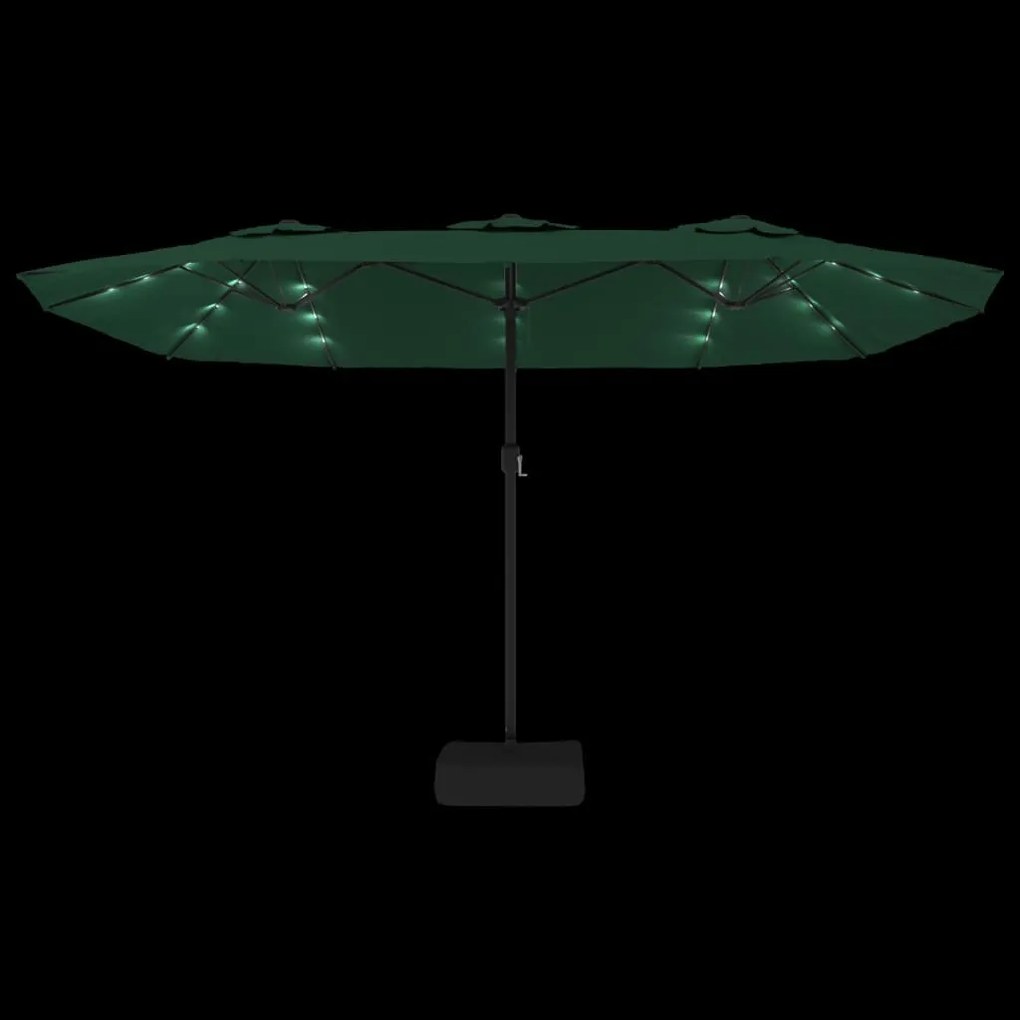 Guarda-sol de jardim c/ cabeça dupla/luzes LED 449x245 cm verde