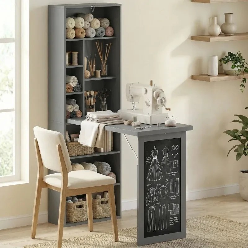Secretária com arrumação dobrável, fixada à parede e rebatível, com estante, posto de trabalho, quadro de giz e prateleira ajustável