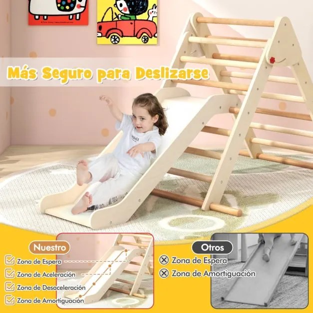 Conjunto de escalada triangular dobrável com escorrega para crianças e barras de madeira de faia Ginásio de interior Natural