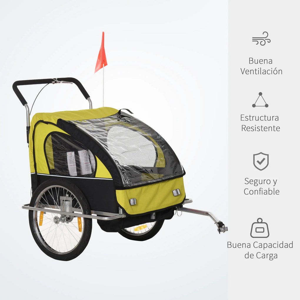 HOMCOM Reboque de Bicicleta 2 EM 1 para crianças de 2 lugares com Amortecedores Convertível em carrinho com barra e kit de corrida 129x85x105cm Amarelo