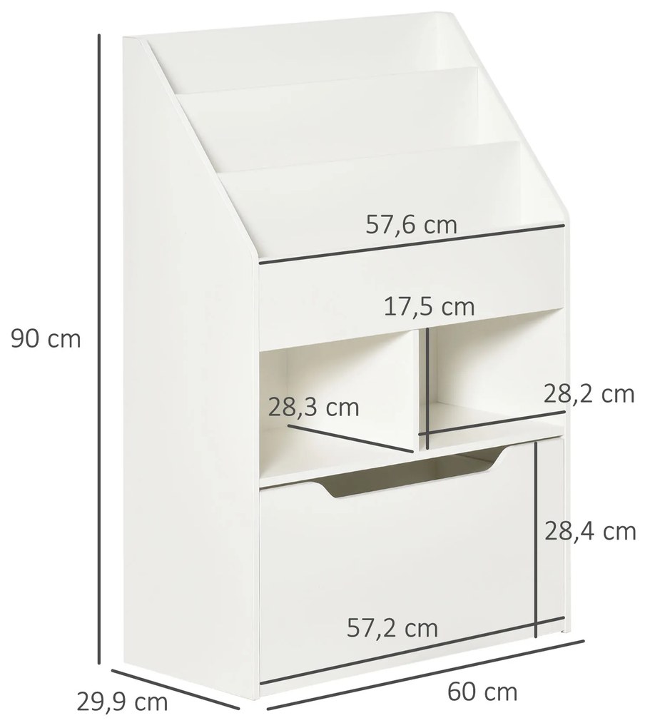 Estante de Madeira para Brinquedos com 3 Compartimentos 2 Cubos e Gaveta Móvel com 4 Rodas Estante para Livros Infantil para Dormitório Infantil Sala