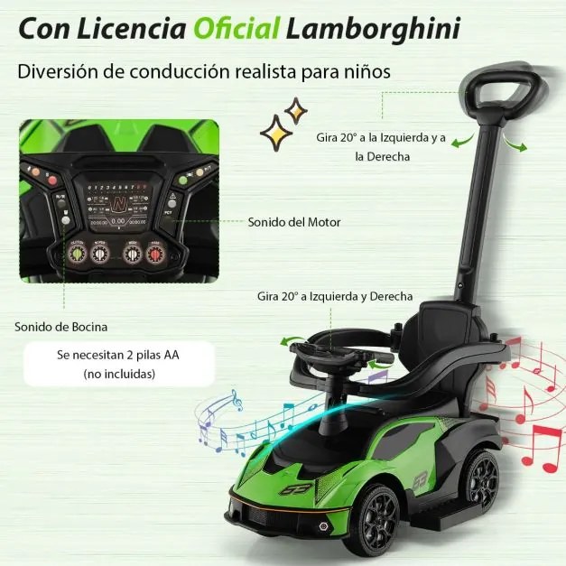 Carro de passeio 3 em 1 para crianças pequenas com licença oficial Lamborghini com sons de buzina e motor, grade removível verde