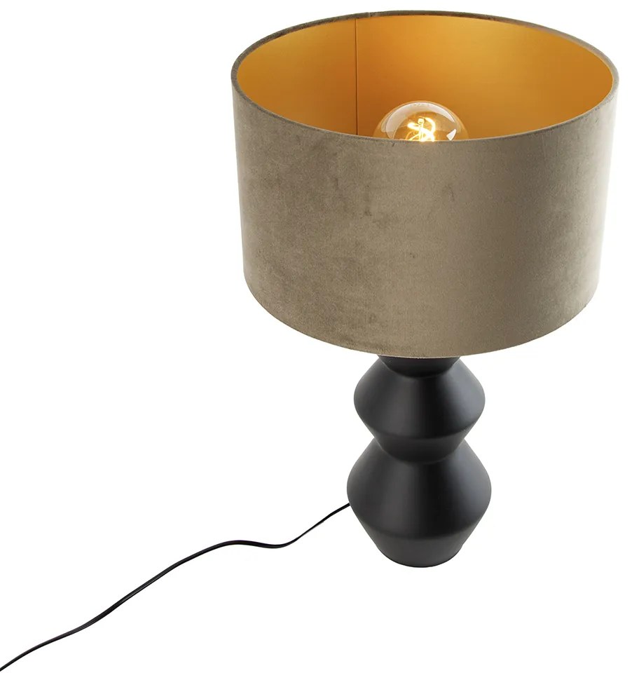Candeeiro de mesa design com cúpula em veludo preto cor areia com dourado 35 cm - Alisia