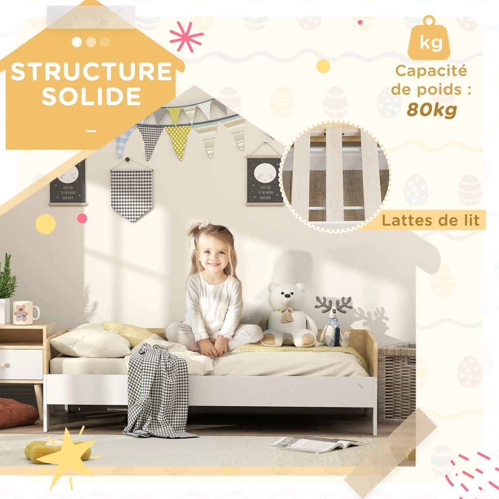 Cama infantil com base de ripas e painéis laterais altos, design baixo em madeira, 143,5 x 74 x 40 cm, branca