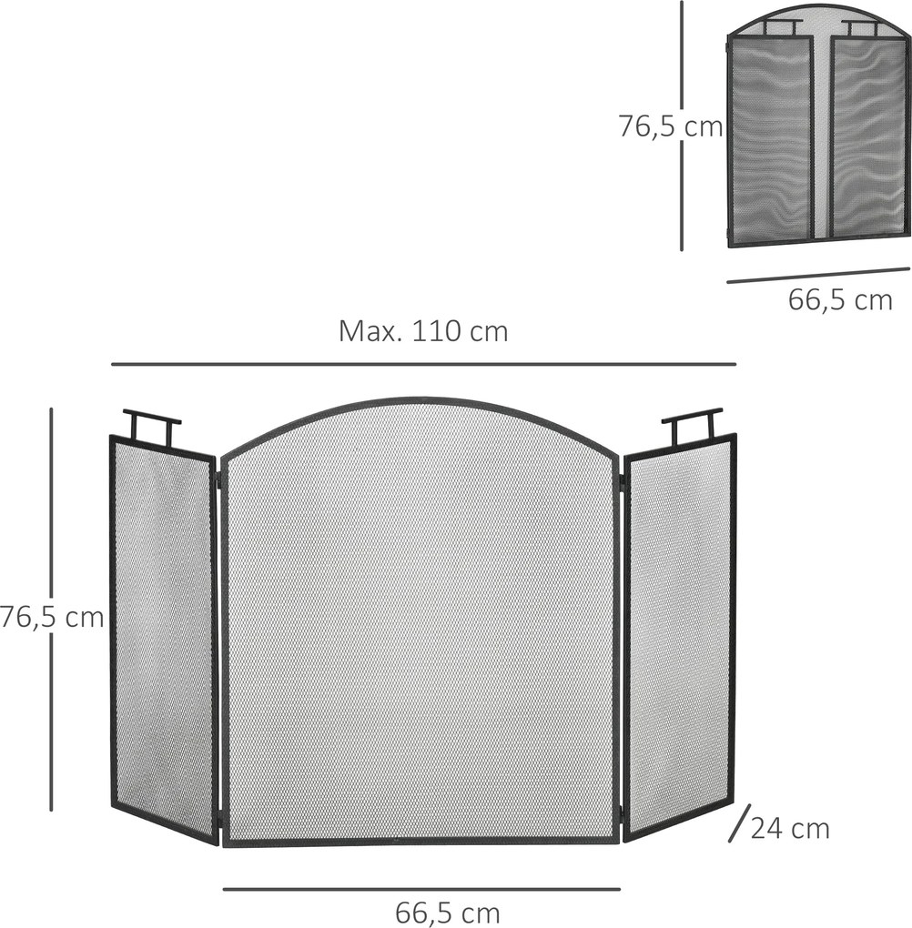 Proteção para lareira ou salamandra 110L x 24P x 76,5A cm Proteção contra faíscas com 3 abas dobráveis preta