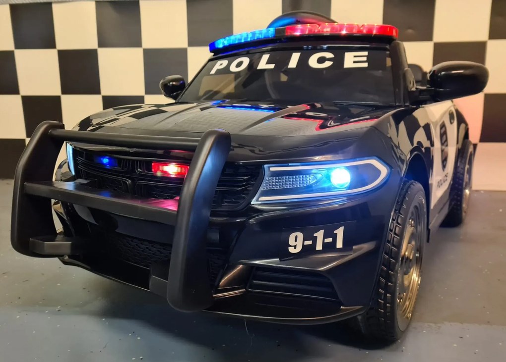 Carro elétrico infantil Dodge Policia 12V , telecomandado, pneus de EVA, assento em pele Preto