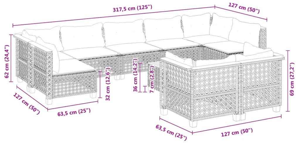 10 pcs conjunto sofás de jardim c/ almofadões vime PE preto