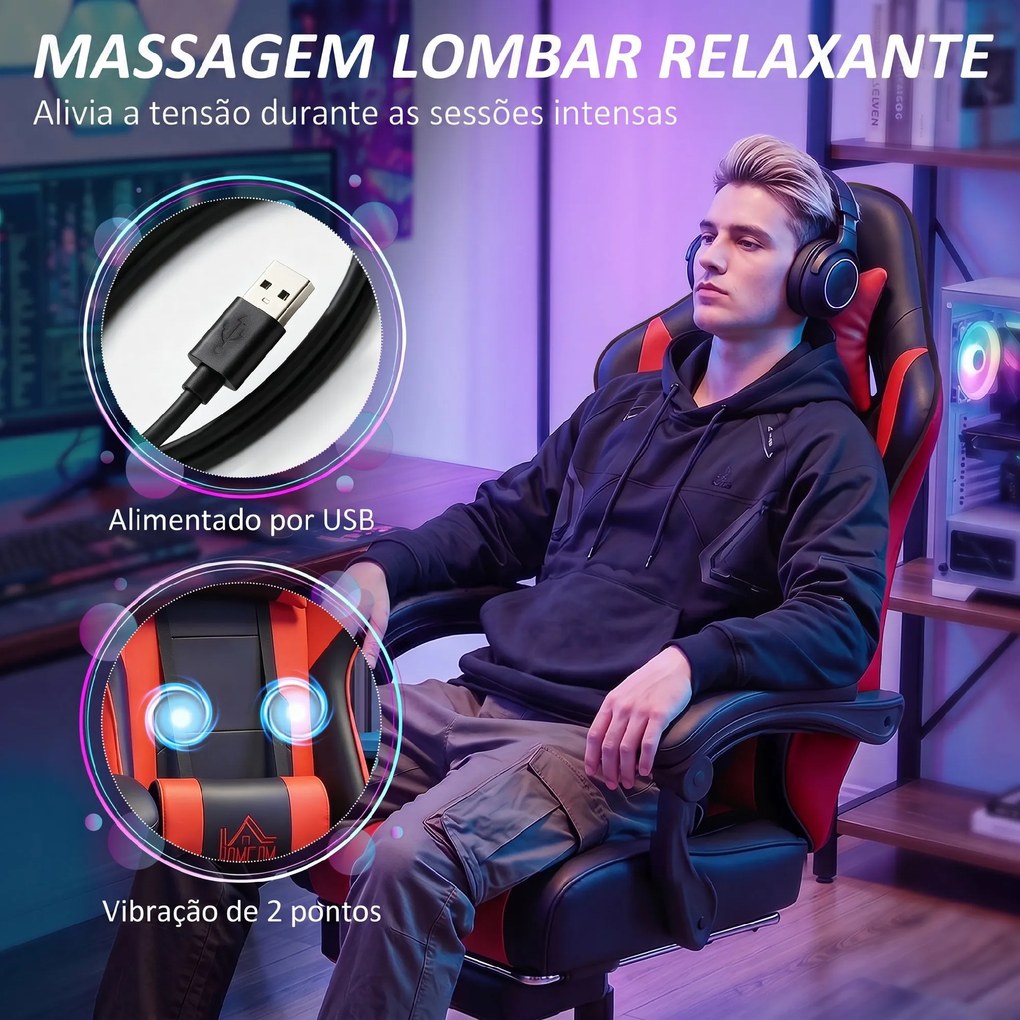 Cadeira Gamer com Massagem Lombar Vibratória Reclinável 155° Altura Ajustável Apoio de Cabeça e Apoio para os Pés Retrátil Vermelho
