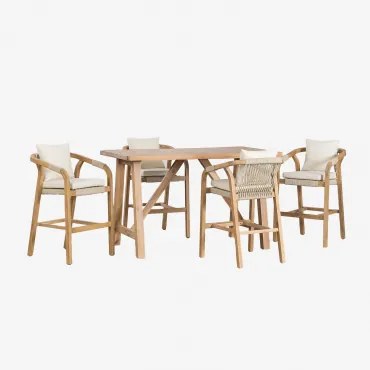 Conjunto De Mesa Alta Retangular 160x90 Cm E 4 Bancos Altos Em Madeira De Acácia Dubai Castanho Acácia Rústico & Tecido Gardénia Branco - Sklum