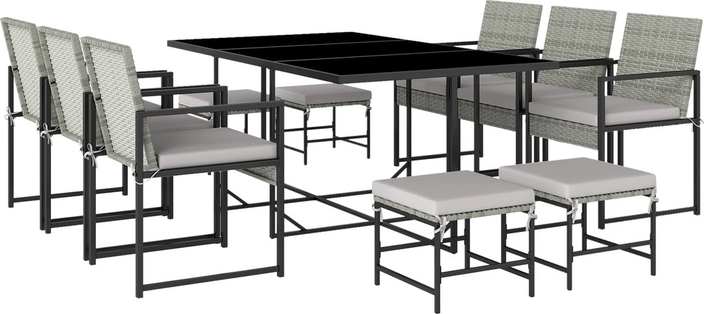Outsunny Conjunto de Jantar Pátio 11 Peças, Mobiliário Exterior com 6 Poltronas, 4 Pufes, Cinza | Aosom Portugal