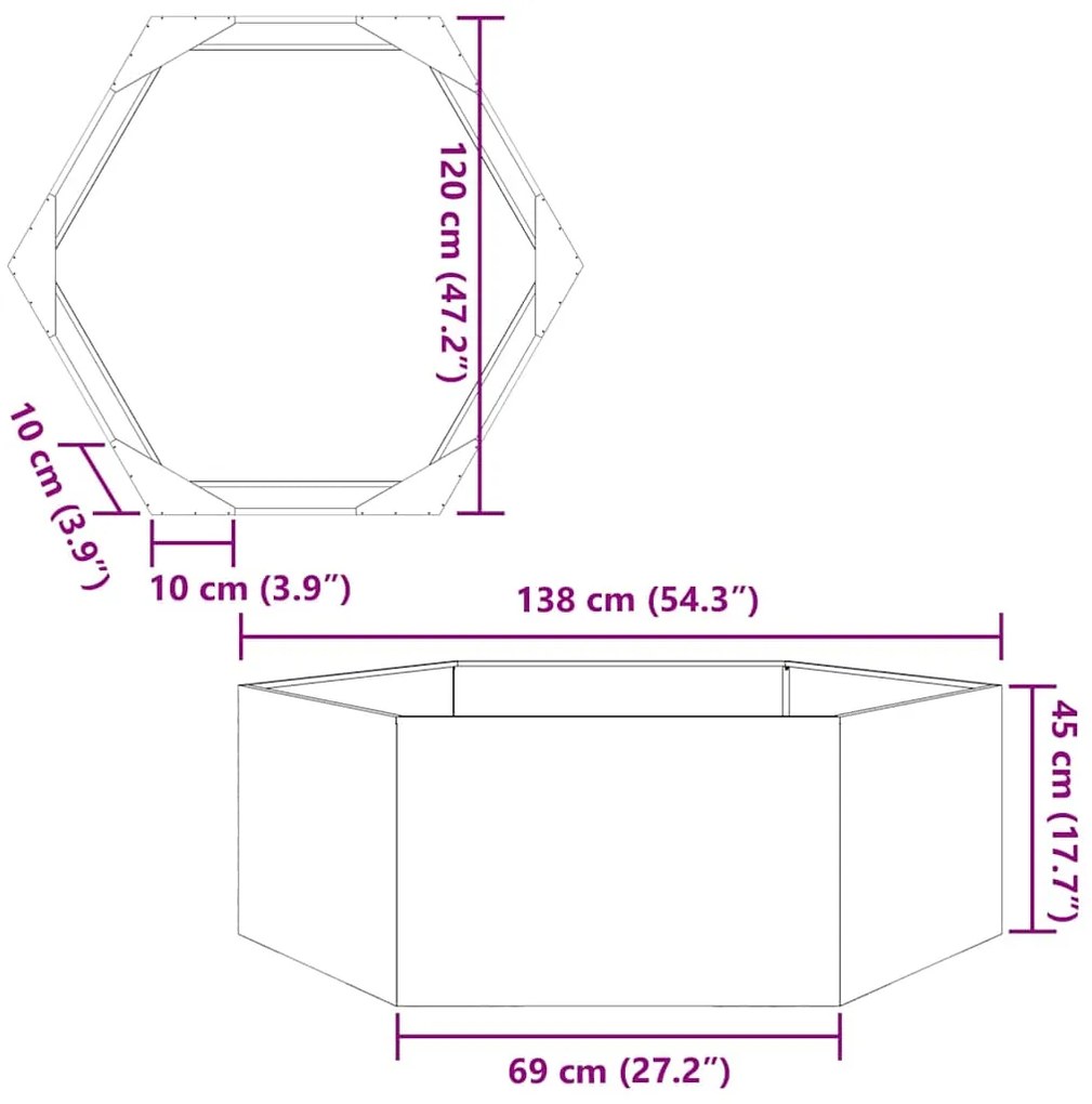 Vaso/floreira de jardim hexagonal 138x120x45 cm aço inoxidável
