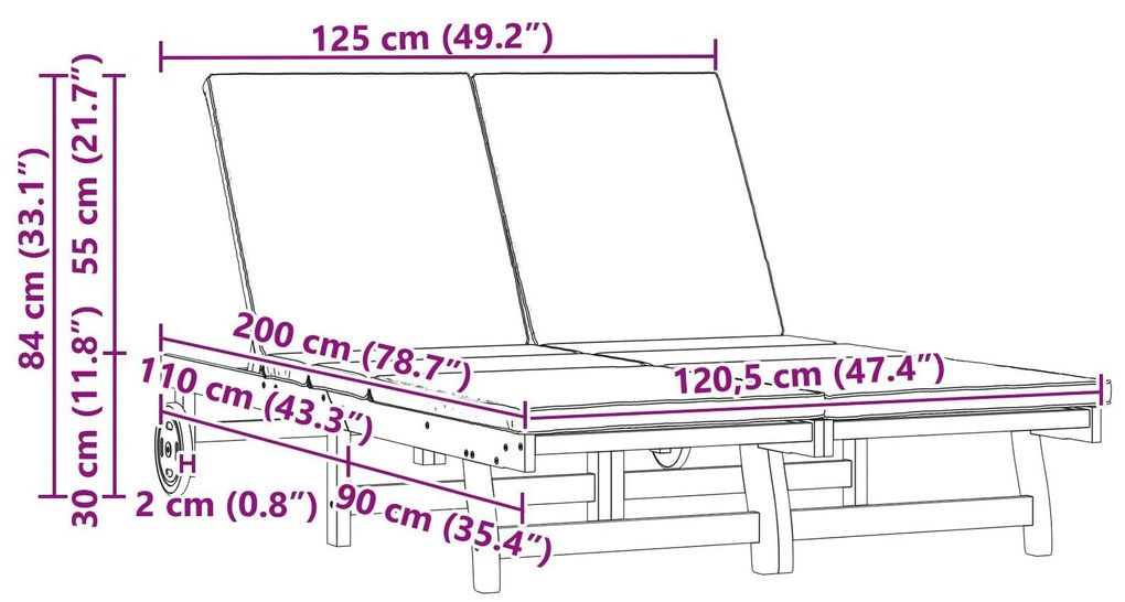 Chaise-longue dupla vidaXL com rodas e almofada de madeira maciça de a