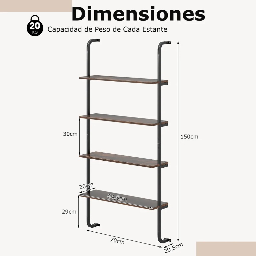 Estante de parede flutuante de 4 níveis Estante tipo escada com Moldura de metal 70 x 20,5 x 150 cm Castanho