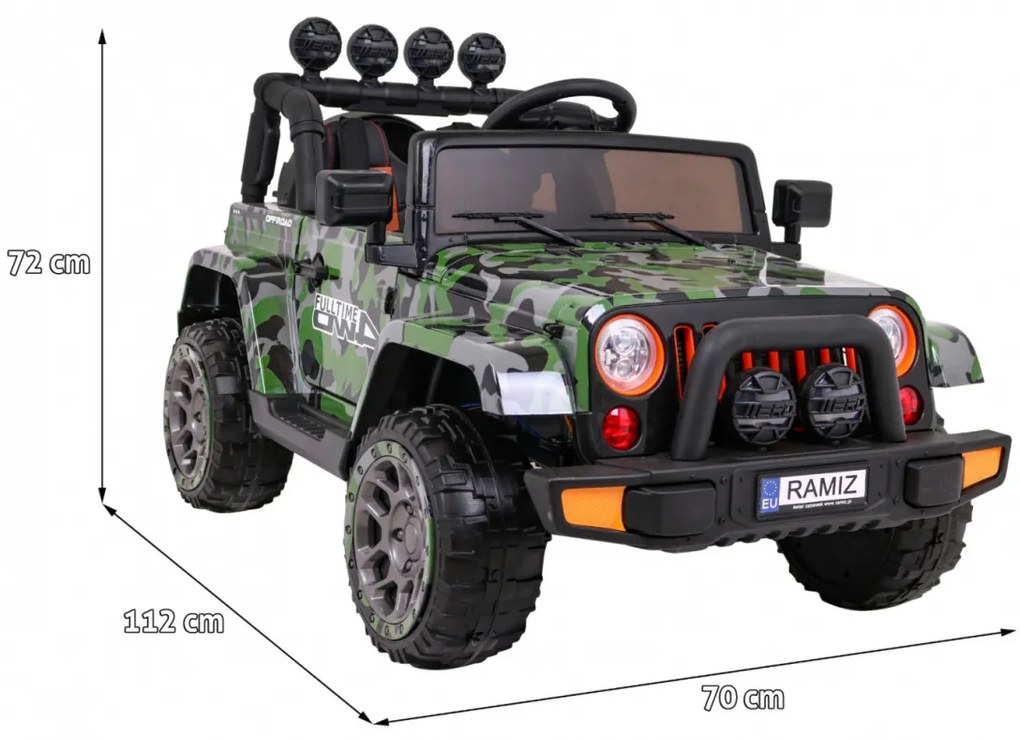Jiep elétrico para Crianças 12V 4x4 Full Time 4WD Moro Off-Road Rodas EVA, assento couro ecológico Militar
