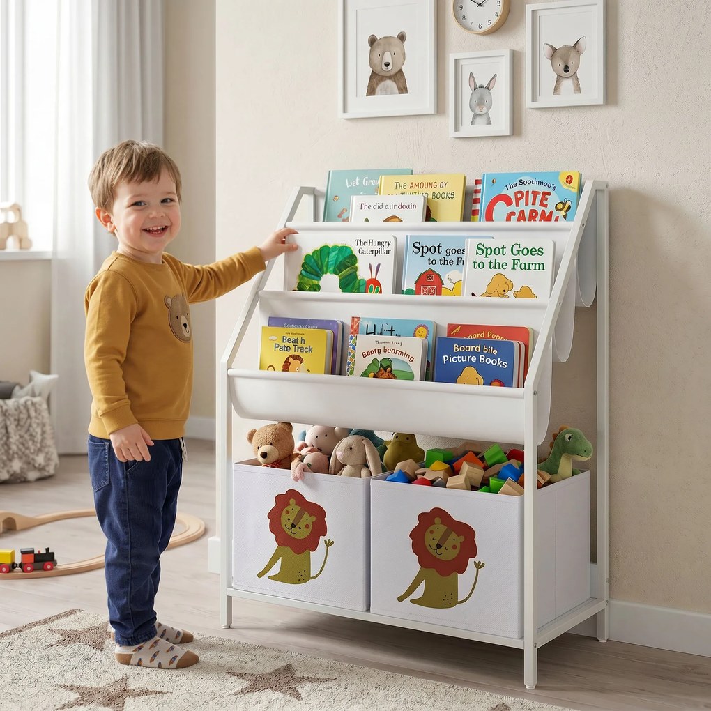 Estante Infantil para Livros 4 Níveis com 3 Prateleiras e 2 Gavetas em Tecido, Design Leão, Branco