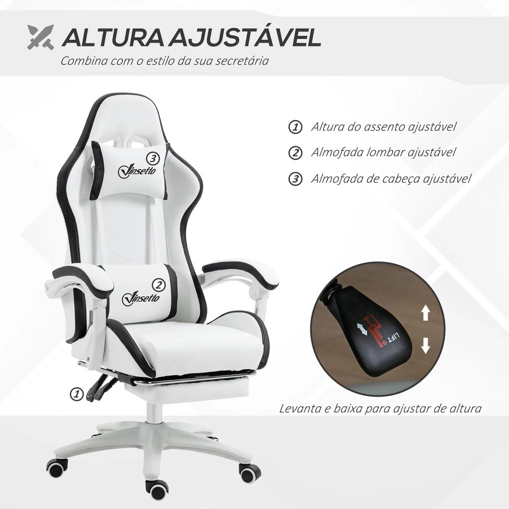 Cadeira Gaming de Couro PU com Altura Ajustável Reclinável 135° e Apoio para os Pés Retrátil 65x65x121-129 cm Branco e Preto