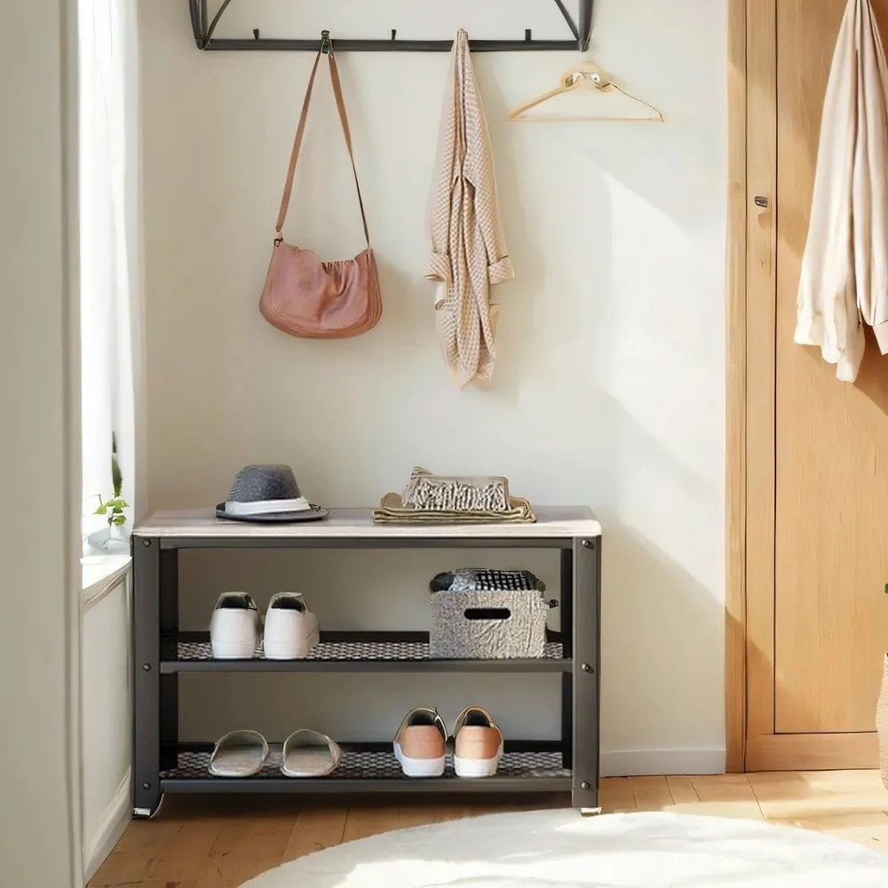 Banco elegante para sapatos com 2 prateleiras em rede 30 x 73 x 45 cm cinza + preto