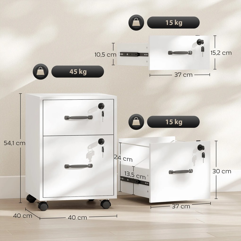 Bloco Gavetas de Arrumação de Escritório Móvel com 2 Gavetas, 40 x 40 x 54,1 cm, Formato Compacto, Branco