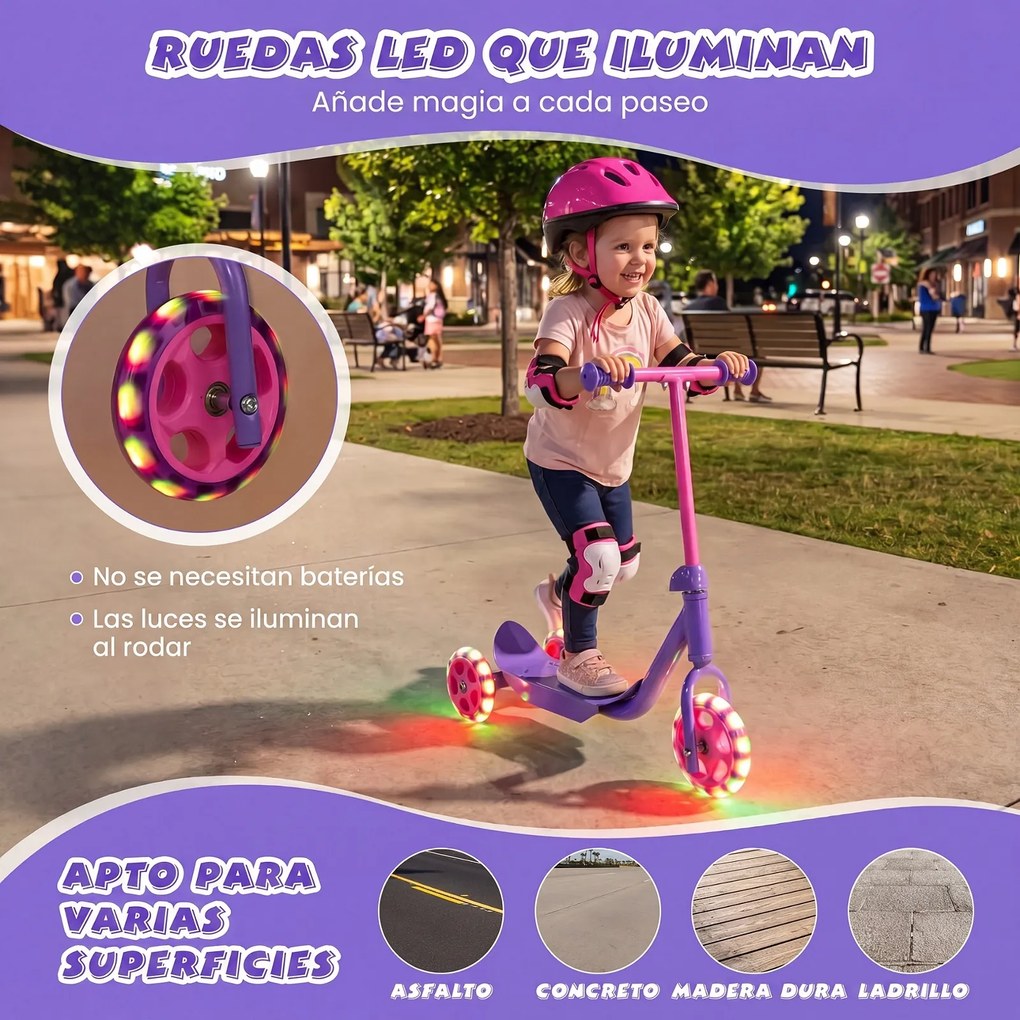 Trotinete Infantil de Três Rodas, 56 x 31,5 x 59 cm, Rodas Luminosas, Púrpura