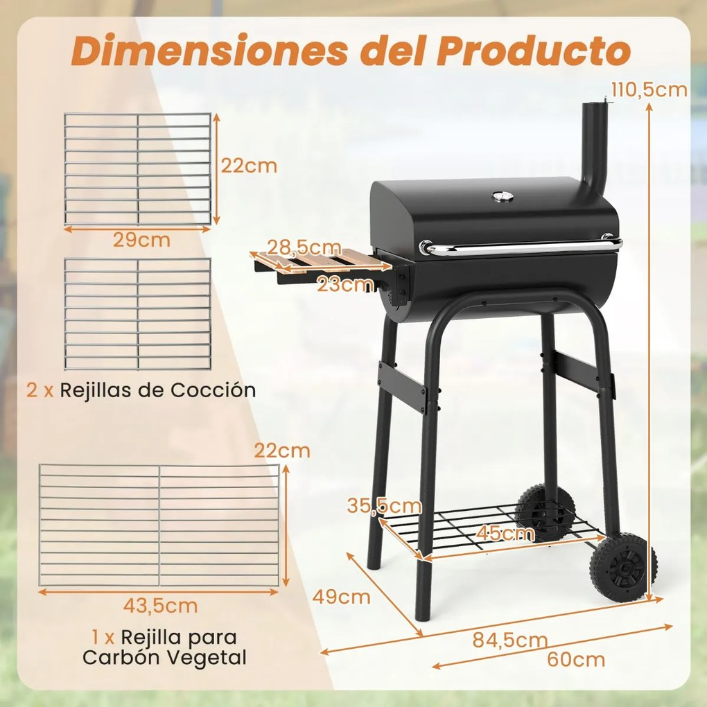 Grelhador a carvão para churrasco ao ar livre com mesa lateral dobrável Termóstato Prateleira de armazenamento preto