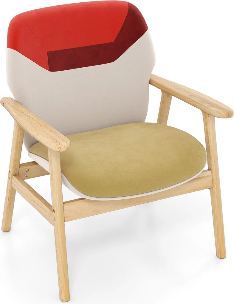 Poltrona moderna estofada com braços laterais, encosto espaçoso, almofada acolchoada com espuma, madeira e borracha; ideal para sala de estar, escritó