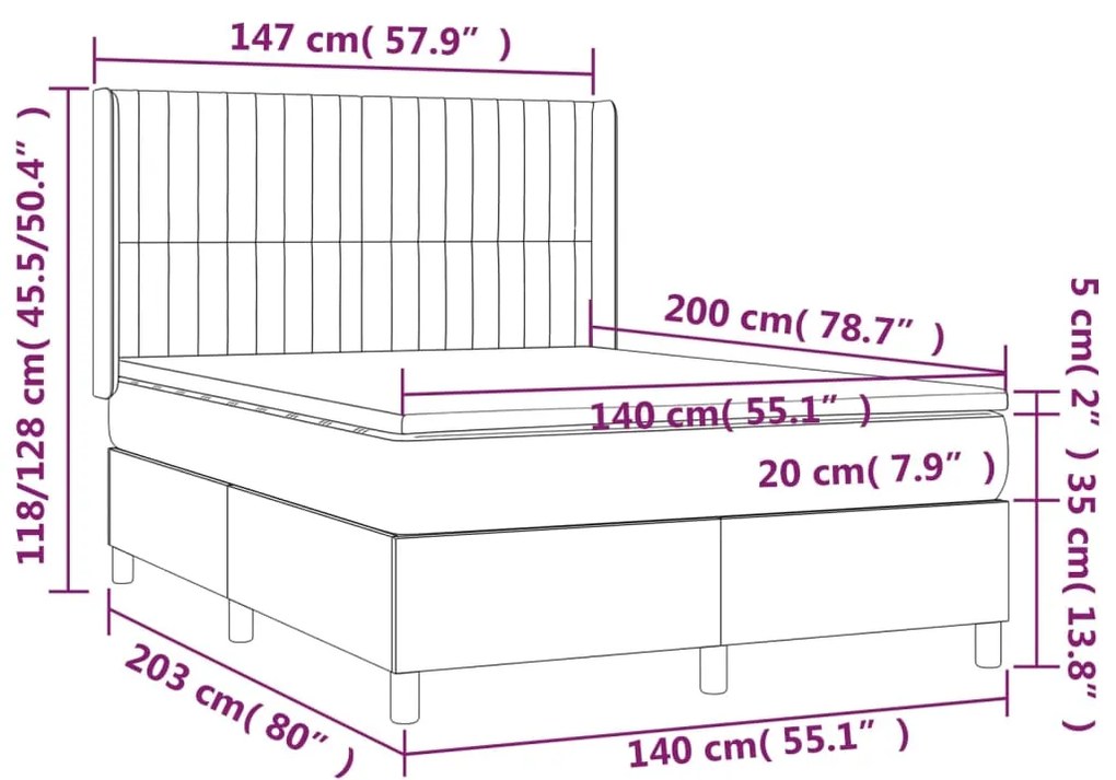 Cama box spring c/ colchão e LED 140x200 cm tecido cinza-escuro