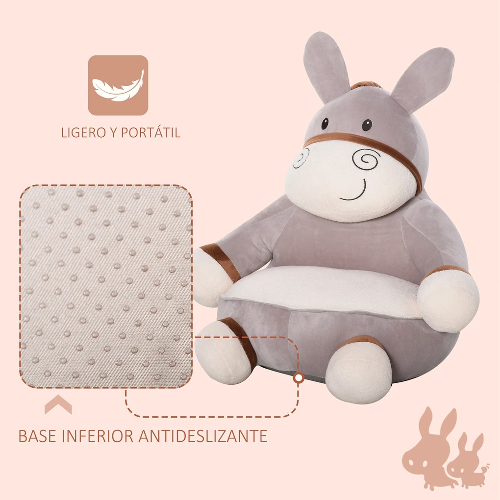 HOMCOM Mini sofá infantil em forma de burro Poltrona fofa para crianças acima de 18 meses com assento acolchoado 60x55x60cm cinza