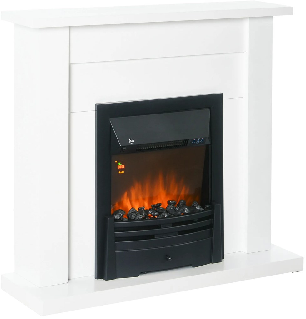 HOMCOM Lareira Elétrica com 2 Configurações de Aquecimento Temporizador e Efeito de Chama Realista 102x30x95cm Branco e Preto
