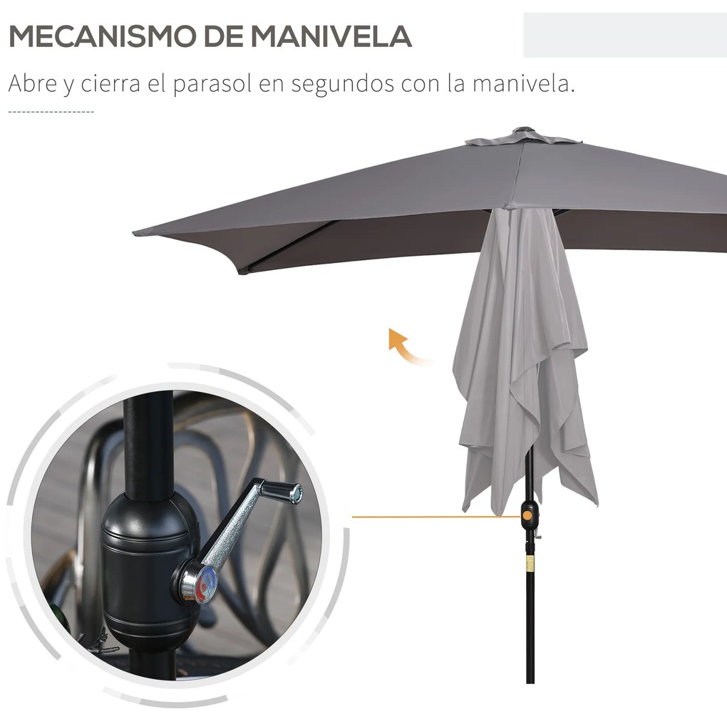 Outsunny Chapéu de Sol de Alumínio 200x300x240cm Chapéu de Sol Retangular de Jardim Inclinável com Manivela e Mastro Desmontável para Terraço Piscina Pátio Exterior Cinza