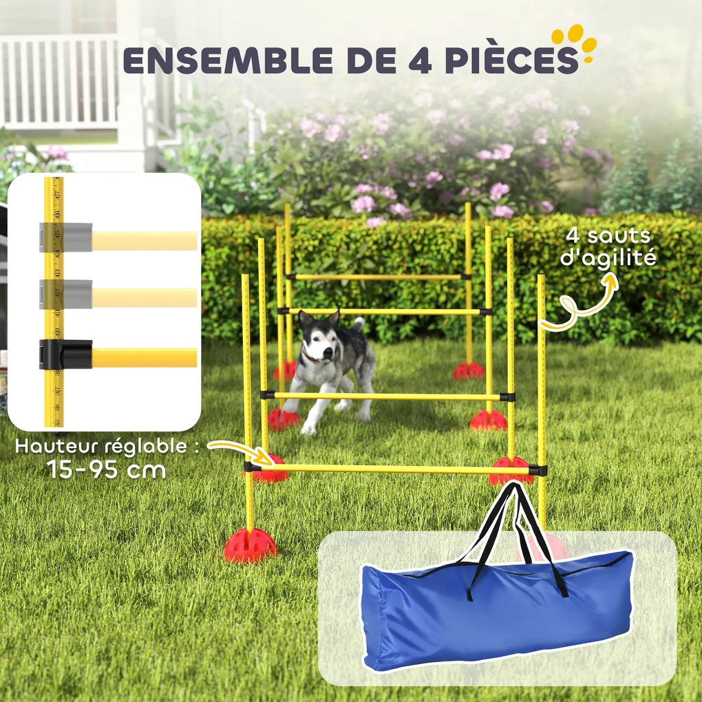 Conjunto de equipamento de agilidade para cães com 4 barreiras de salto ajustáveis em altura, saco de transporte, amarelo e laranja